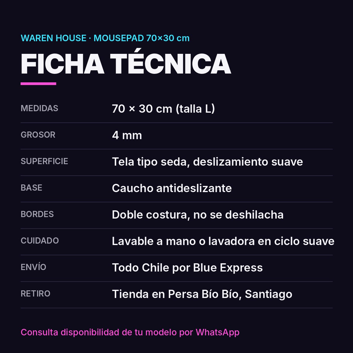 Ficha técnica mousepad 70x30 cm: 4 mm, tela tipo seda, base de caucho, doble costura